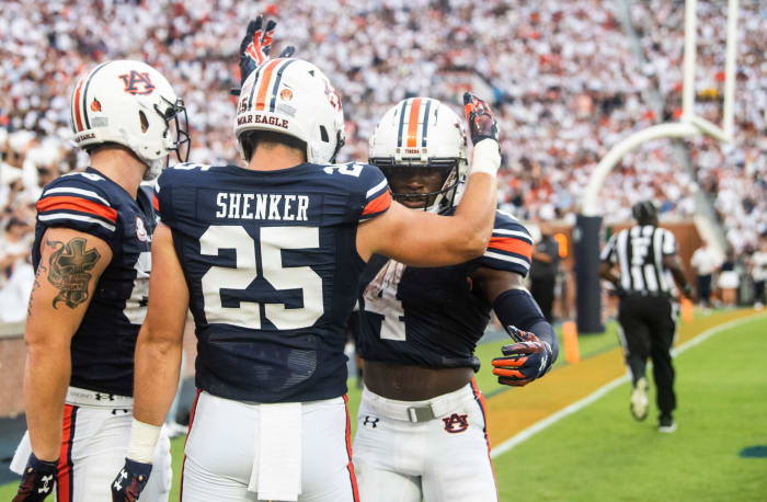 Auburn Tigers tight end John Samuel Shenker (25) celebrates his touchdown reception as Auburn Tigers take on Mercer Bears at Jordan-Hare Stadium in Auburn, Ala., on Saturday, Sept. 3, 2022.